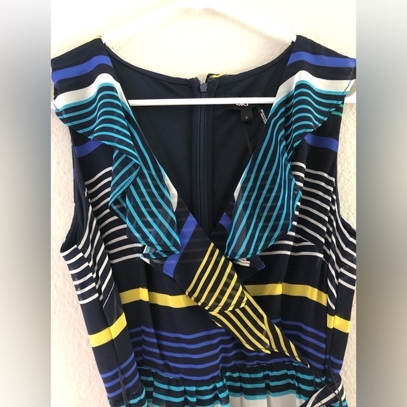 DKNY Womens Navy Ruffled Zippered Belted Lined Striped Sleeveless Surplice Dress - Picture 5 of 11